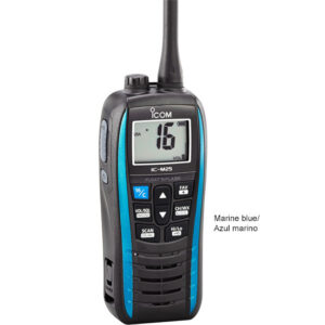 icom m25 handheld marine vhf radio with blue accents