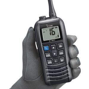 icom m37 handheld vhf in gloved hand
