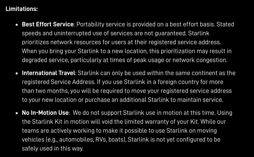 starlink portabliity policy